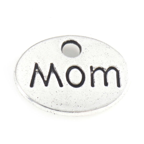 Picture of Zinc Based Alloy Mother's Day Charms Antique Silver Color Oval Message " Mom " 12mm x 9mm, 50 PCs