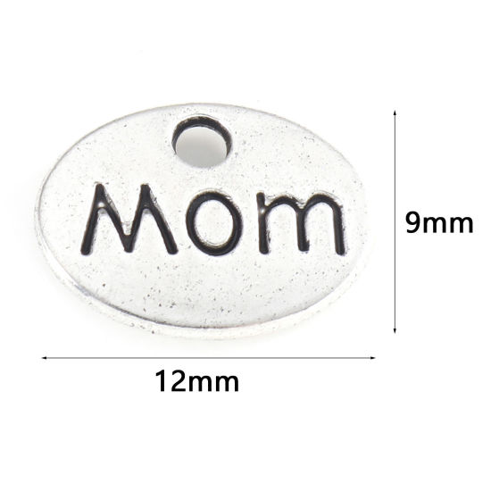 Picture of Zinc Based Alloy Mother's Day Charms Antique Silver Color Oval Message " Mom " 12mm x 9mm, 50 PCs