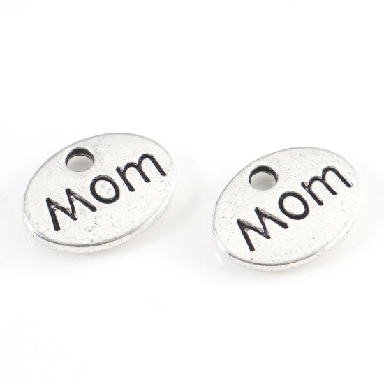 Picture of Zinc Based Alloy Mother's Day Charms Antique Silver Color Oval Message " Mom " 12mm x 9mm, 50 PCs