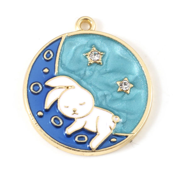 Imagen de Zamak día de Pascua Colgantes Charms Ronda Chapado en Oro Multicolor Conejo Transparente Rhinestone Esmalte 25mm x 22mm, 10 Unidades