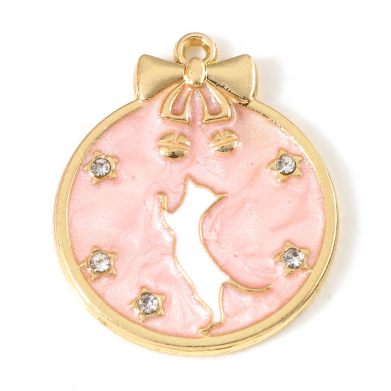 Picture of Zinc Based Alloy Charms Gold Plated Pink Round Cat Enamel Clear Rhinestone 27mm x 22mm, 10 PCs