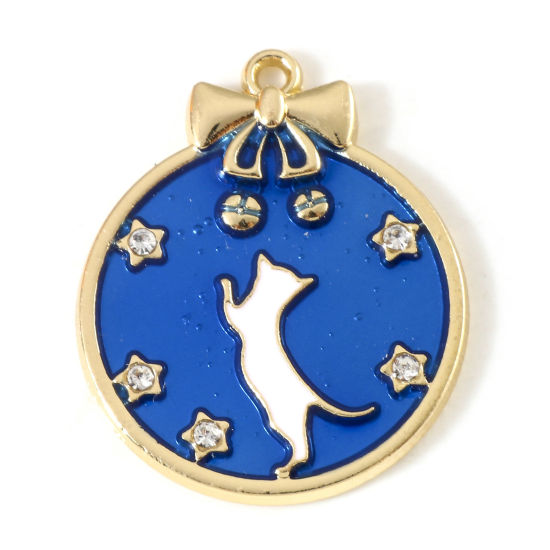 Picture of Zinc Based Alloy Charms Gold Plated Dark Blue Round Cat Enamel Clear Rhinestone 27mm x 22mm, 10 PCs