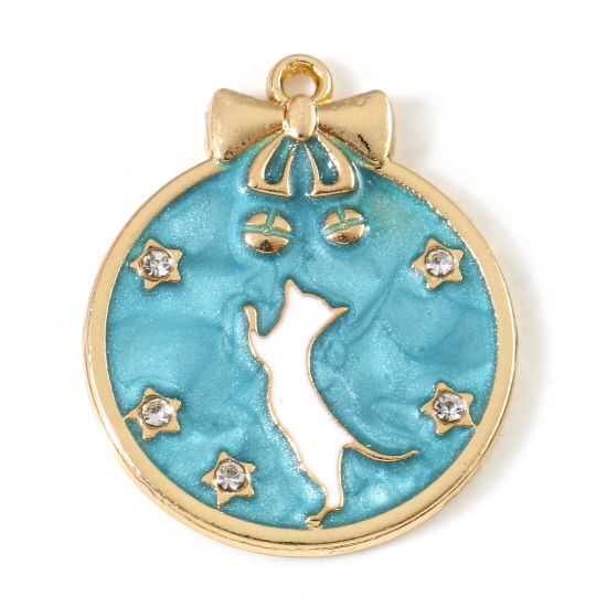 Picture of Zinc Based Alloy Charms Gold Plated Green Blue Round Cat Enamel Clear Rhinestone 27mm x 22mm, 10 PCs