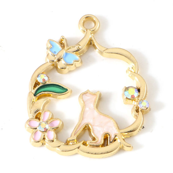Picture of Zinc Based Alloy Charms Gold Plated Multicolor Cat Animal Wreath Enamel AB Color Rhinestone 28mm x 22mm, 5 PCs