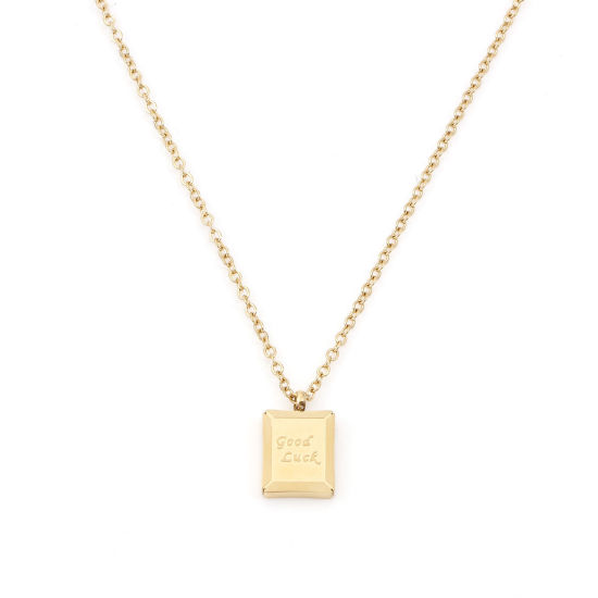 Immagine di 1 Pz Placcatura Sottovuoto 304 Acciaio Inossidabile Positive Energie Cavo Catena Collana Placcato Oro 18K Rettangolo Messaggio " GOOD LUCK " 41cm Lunghezza