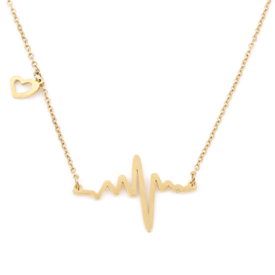 Immagine di 1 Pz Placcatura Sottovuoto PVD Ecologica Elegante Squisito Placcato Oro 18K 304 Acciaio Inossidabile Catena a Cavo Elettrocardiogramma Collana Per Donne San Valentino 44cm Lunghezza