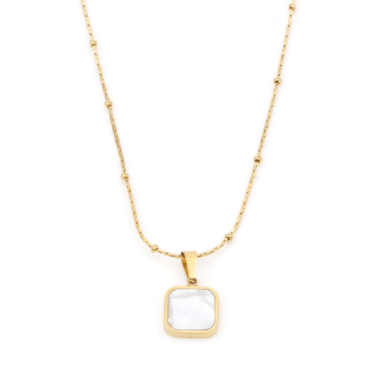 Immagine di 1 Pz Placcatura Sottovuoto PVD Ecologica Elegante Elegante Placcato Oro 18K Bianco 304 Acciaio Inossidabile & Conchiglie Naturali Catena a Cavo Quadrato Collana Per Donne Regalo 41cm Lunghezza