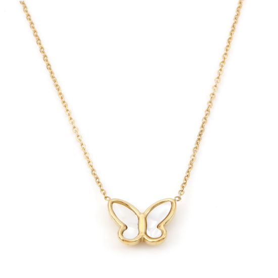 Imagen de 1 Unidad Recubrimiento al Vacío PVD Ecológico Pastoral Natural Insecto Chapado en Oro de 18K Blanco 304 Acero Inoxidable & Concha Naturales Cadena de Cable Cruz Mariposa Collares Para Mujeres Regalo 42cm longitud