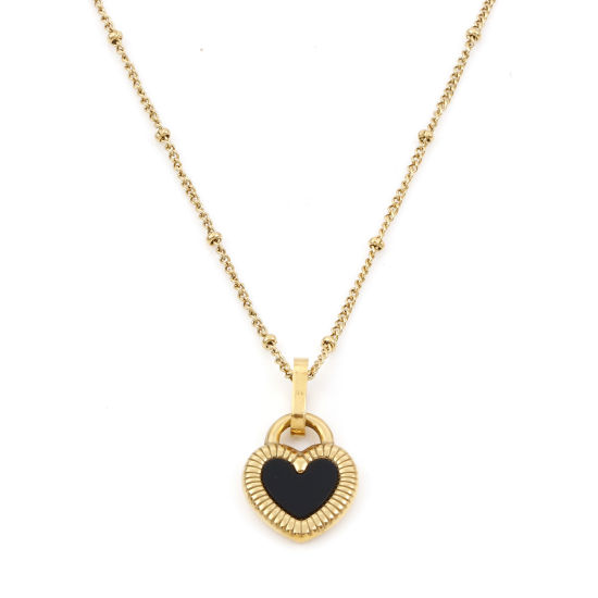 Imagen de 1 Unidad Enchapado al Vacío 304 Acero Inoxidable día de San Valentín Link Curb Chain Collares Chapado en Oro de 18K Negro Corazón 40cm longitud