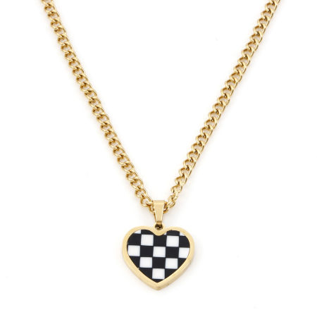 Picture of 18K Gold Plated Curb Link Chain Heart Pendant Charm Necklace, 304 Stainless Steel & Acrylic 40cm(15.7"), For Women, Grid Checker Black & White Retro Dainty Valentine's Day, Eco-friendly PVD Vacuum Plating, 1 Piece