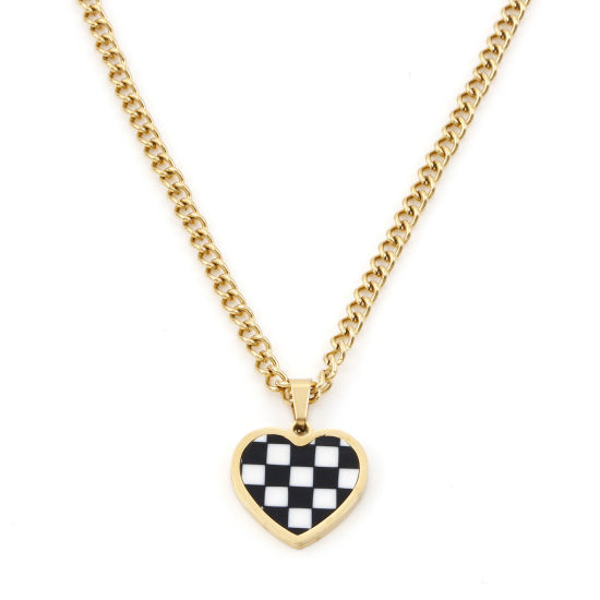 Imagen de 1 Unidad Recubrimiento al Vacío PVD Ecológico Elegante Retro Chapado en Oro de 18K Negro & Blanco 304 Acero Inoxidable & Concha Naturales Cadenas de Curb Corazón Collares Para Mujeres Día de San Valentín 40cm longitud