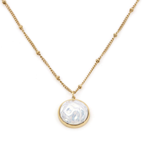 Picture of 1 Piece Eco-friendly PVD Vacuum Plating Dainty Stylish 18K Gold Plated White 304 Stainless Steel Curb Link Chain Round Imitation Pearl Necklace For Women Gift 40cm(15.7") long