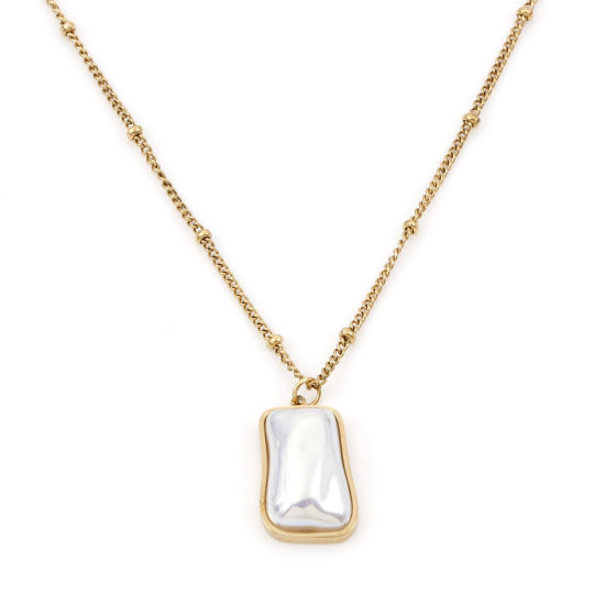 Picture of 1 Piece Eco-friendly PVD Vacuum Plating Dainty Stylish 18K Gold Plated White 304 Stainless Steel Curb Link Chain Quadrilateral Imitation Pearl Necklace For Women Gift 40cm(15.7") long