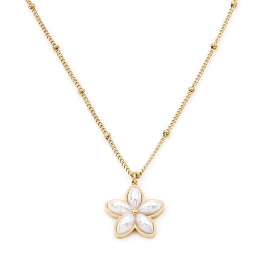 Picture of 1 Piece Eco-friendly PVD Vacuum Plating Dainty Stylish 18K Gold Plated White 304 Stainless Steel Curb Link Chain Flower Imitation Pearl Necklace For Women Gift 40cm(15.7") long