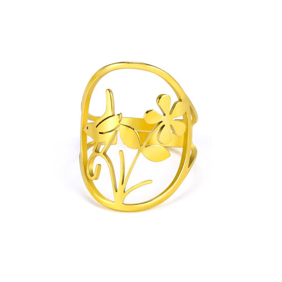 Picture of 304 Stainless Steel Stylish Open Adjustable Rings 18K Gold Plated Bird Animal Flower 17.3mm(US Size 7), 1 Piece