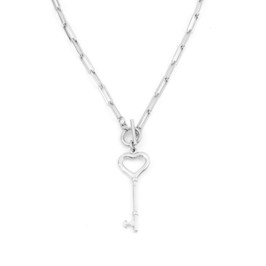 Immagine di 304 Acciaio Inossidabile Elegante Catena a Graffetta Collana Tono Argento Cuore Chiave 49.5cm Lunghezza, 1 Pz
