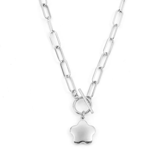 Imagen de 304 Acero Inoxidable Elegante Catena di Fermagli Collares Tono de Plata Flor 50cm longitud, 1 Unidad