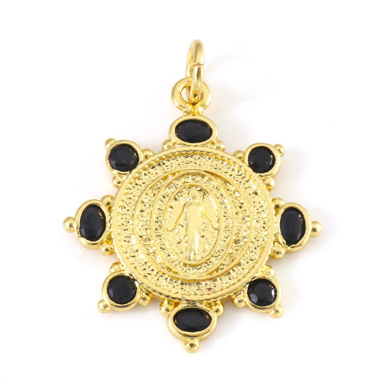 Picture of Brass Religious Charms 18K Real Gold Plated Black Sun Virgin Mary Black Cubic Zirconia 25.5mm x 19.5mm, 1 Piece