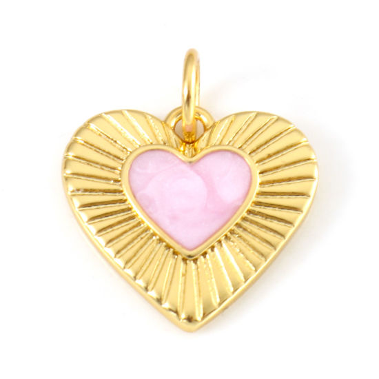 Picture of Brass Valentine's Day Charms 18K Real Gold Plated Pink Heart Enamel 16mm x 13.5mm, 1 Piece