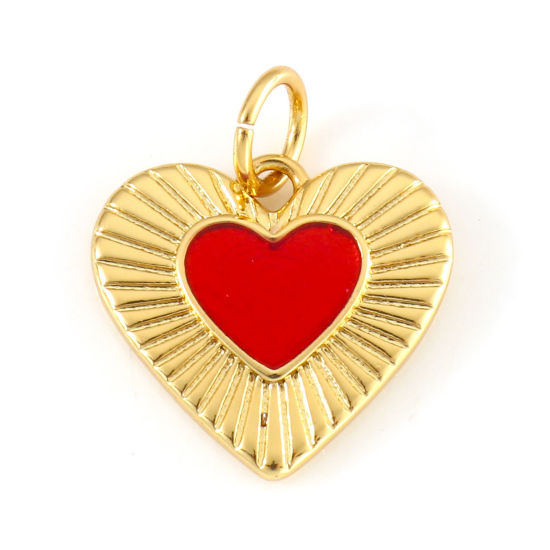 Picture of Brass Valentine's Day Charms 18K Real Gold Plated Red Heart Enamel 16mm x 13.5mm, 1 Piece