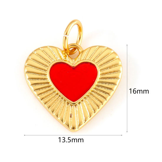 Picture of Brass Valentine's Day Charms 18K Real Gold Plated Red Heart Enamel 16mm x 13.5mm, 1 Piece