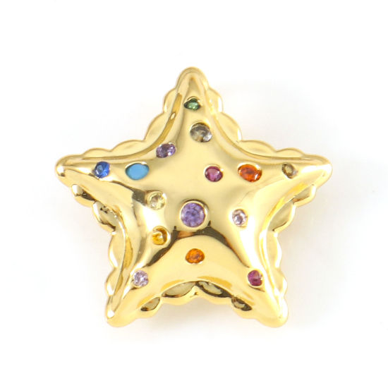 Picture of Brass Galaxy Charms 18K Real Gold Plated Pentagram Star Micro Pave Multicolour Cubic Zirconia 13mm x 13mm, 1 Piece