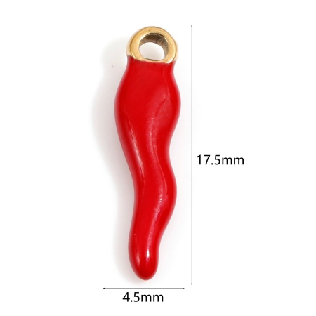 Image de 2 Pcs Breloques en 304 Acier Inoxydable Placage sous Vide Doré Rouge Cornicello Piment Italien en Forme de Corne Émail 17.5mm x 4.5mm 