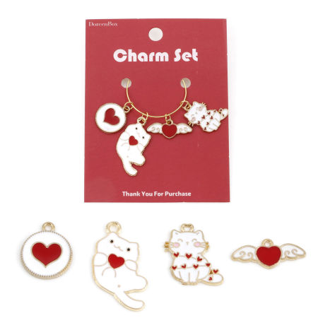Zinc Based Alloy Pendants Gold Plated White & Red Cat Animal Heart Enamel 3.3x1.7cm - 2.3x1.3cm, 1 Set( 4 PCs/Set)