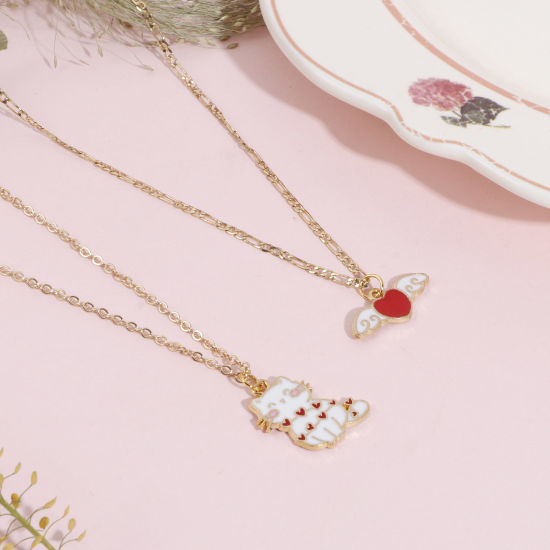 Bild von Anhänger aus Zinklegierung, vergoldet, weiß und rot, Katze, Tierherz, Emaille, 3,3 x 1,7 cm - 2,3 x 1,3 cm, 1 Set (4 Stück/Set)