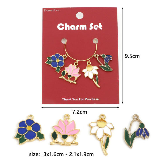 Immagine di Lega di Zinco Ciondoli Fiore Oro Placcato Multicolore Smalto 3cm x 1.6cm , 1 Serie ( 4 Pz/Serie)