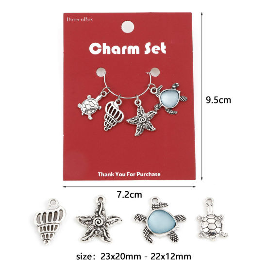 Picture of Zinc Based Alloy Ocean Jewelry Charms Antique Silver Color Tortoise Animal Star Fish 23x20mm - 22x12mm, 1 Set( 4 PCs/Set)