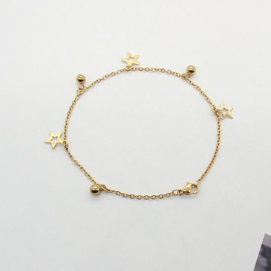 Picture of 304 Stainless Steel Stylish Link Cable Chain Anklet Gold Plated Pentagram Star 22.5cm(8 7/8") long, 1 Piece