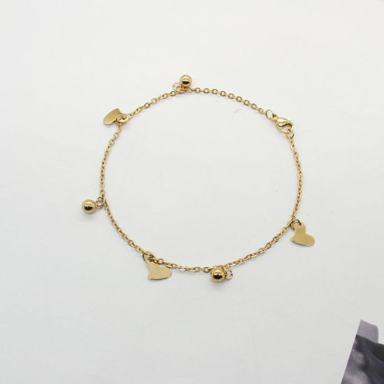 Picture of 304 Stainless Steel Stylish Link Cable Chain Anklet Gold Plated Heart 22.5cm(8 7/8") long, 1 Piece