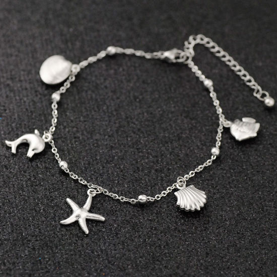 Picture of 304 Stainless Steel Ocean Jewelry Link Cable Chain Anklet Silver Tone Shell Star Fish 21cm(8 2/8") long, 1 Piece