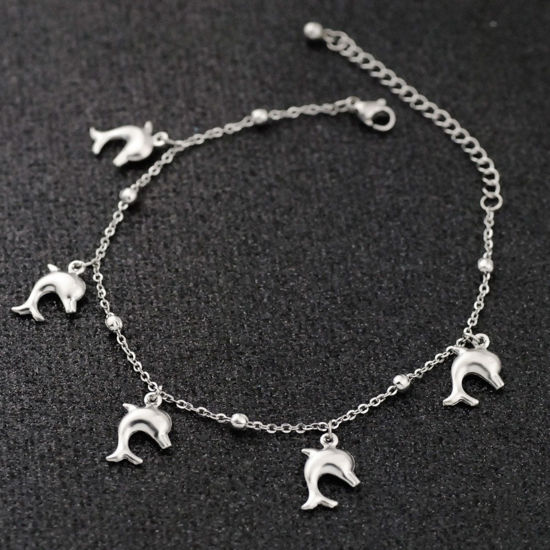Picture of 304 Stainless Steel Ocean Jewelry Link Cable Chain Anklet Silver Tone Dolphin 21cm(8 2/8") long, 1 Piece