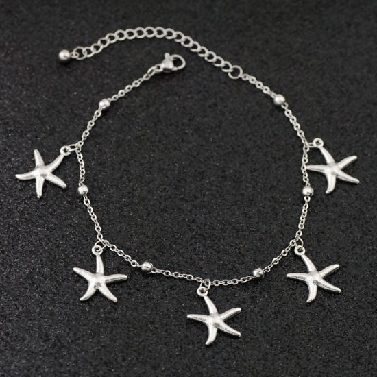 Picture of 304 Stainless Steel Ocean Jewelry Link Cable Chain Anklet Silver Tone Star Fish 21cm(8 2/8") long, 1 Piece