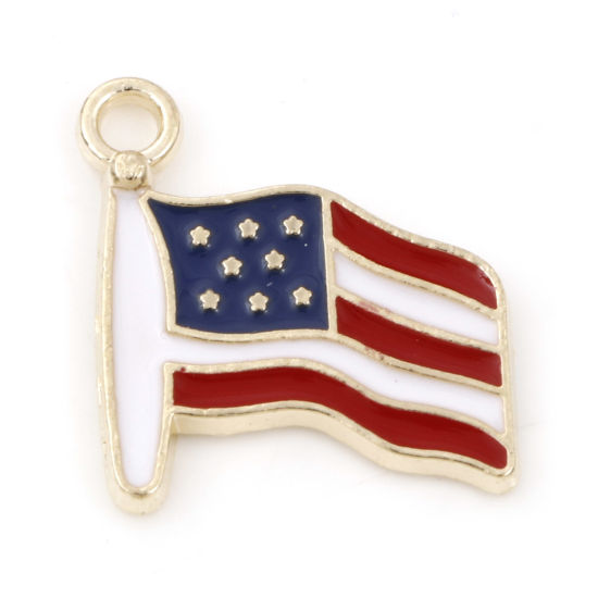 Immagine di Lega di Zinco Sport Charms Bandiera Nazionale Oro Placcato Rosso & Blu Bandiera degli Stati Uniti Smalto 17mm x 15mm , 20 Pz