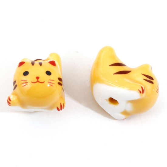 Picture of Ceramic Beads For DIY Jewelry Making Cat Animal Yellow 3D About 21mm x 16mm, Hole: Approx 2.4mm, 2 PCs