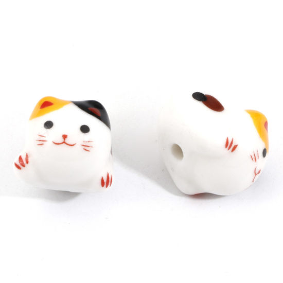 Picture of Ceramic Beads For DIY Jewelry Making Cat Animal Multicolor 3D About 21mm x 16mm, Hole: Approx 2.4mm, 2 PCs