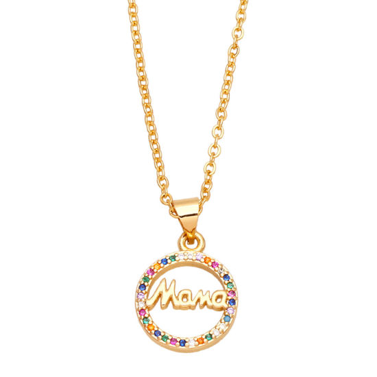 Picture of Brass Mother's Day Pendant Necklace Circle Ring 18K Gold Plated Micro Pave Message " Mama " Multicolor Rhinestone 44cm(17 3/8") long, 1 Piece                                                                                                                 