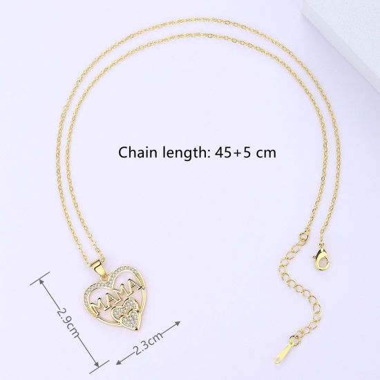Picture of Brass Mother's Day Pendant Necklace Heart Gold Plated Micro Pave Message " Mama " Clear Rhinestone 45cm(17 6/8") long, 1 Piece                                                                                                                                