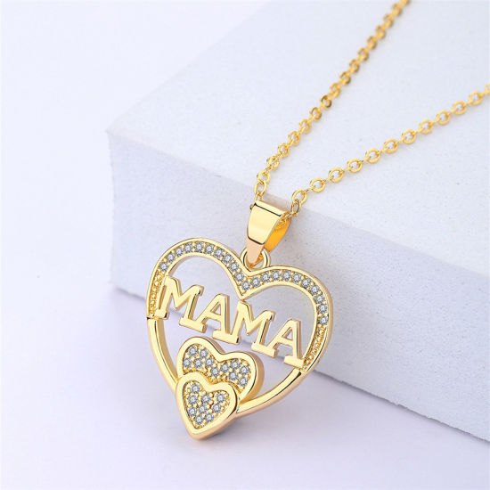 Picture of Brass Mother's Day Pendant Necklace Heart Gold Plated Micro Pave Message " Mama " Clear Rhinestone 45cm(17 6/8") long, 1 Piece                                                                                                                                