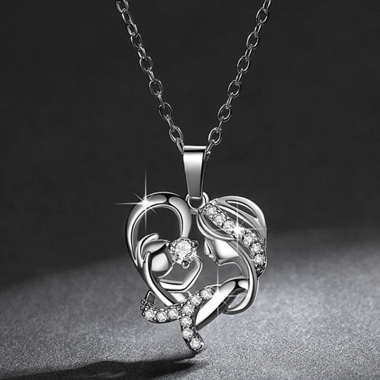 Picture of Brass Mother's Day Pendant Necklace Heart Platinum Plated Clear Rhinestone 45cm(17 6/8") long, 1 Piece                                                                                                                                                        