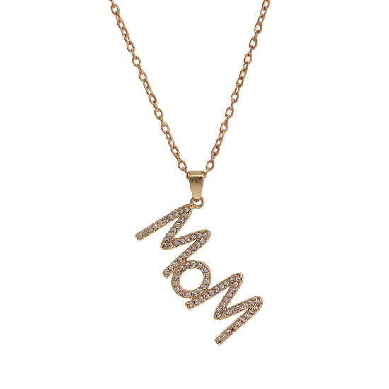 Picture of Brass Mother's Day Pendant Necklace Gold Plated Micro Pave Message " Mom " Clear Rhinestone 45cm(17 6/8") long, 1 Piece                                                                                                                                       
