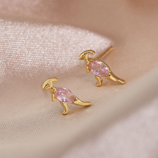 Picture of Brass Cute Ear Post Stud Earrings Gold Plated Dinosaur Animal Pink Cubic Zirconia 9mm x 5mm, 1 Pair                                                                                                                                                           