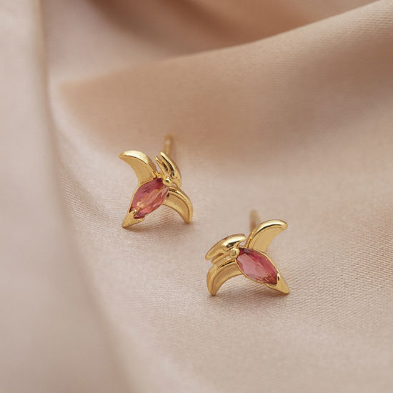 Picture of Brass Cute Ear Post Stud Earrings Gold Plated Dinosaur Animal Fuchsia Cubic Zirconia 9mm x 8mm, 1 Pair                                                                                                                                                        