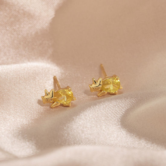Picture of Brass Cute Ear Post Stud Earrings Gold Plated Dinosaur Animal Yellow Cubic Zirconia 9mm x 5mm, 1 Pair                                                                                                                                                         