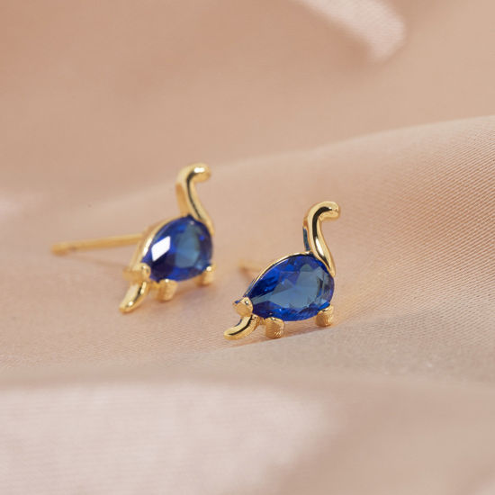 Picture of Brass Cute Ear Post Stud Earrings Gold Plated Dinosaur Animal Royal Blue Cubic Zirconia 9mm x 8mm, 1 Pair                                                                                                                                                     