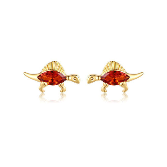 Picture of Brass Cute Ear Post Stud Earrings Gold Plated Dinosaur Animal Orange Cubic Zirconia 10mm x 5mm, 1 Pair                                                                                                                                                        