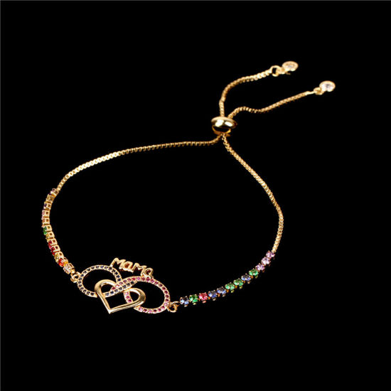 Image de Bracelet Bolo Réglable Nœud Glissé Fête des Mères en Laiton Doré Cœur Symbole"Infini" Micro Pave à Zircone Cubique Multicolore 16cm-22cm long, 1 Pièce                                                                                                        
